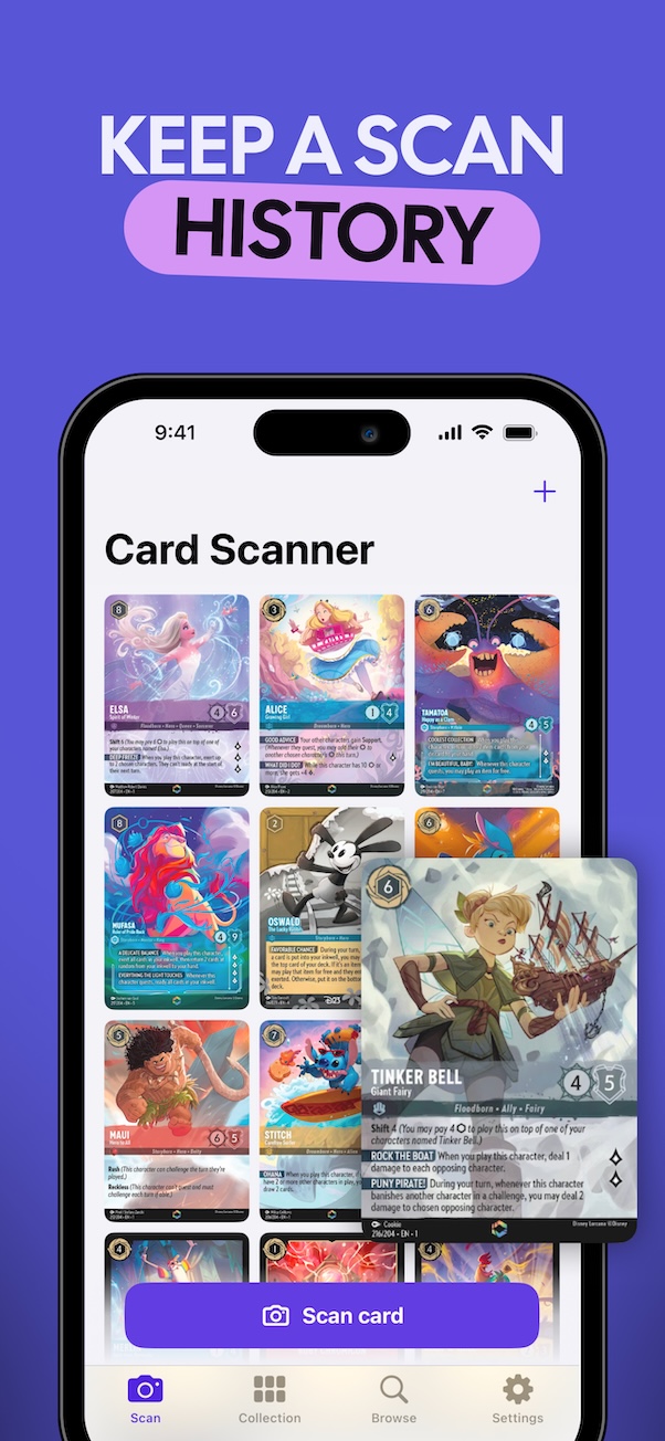 View scan history and collection list.